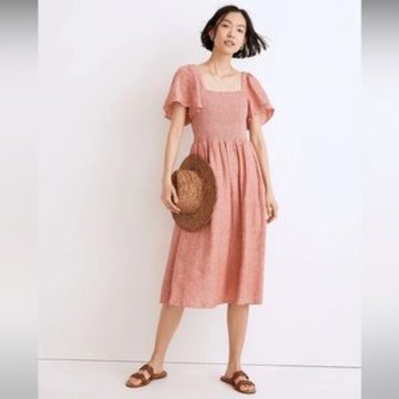 Madewell Linen Blend Lucie Smocked Midi Dress (Fresh Chili) - Picture 2 of 9
